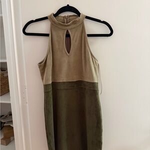 NUDE Two-Tone Olive Mini Dress with Mock Neck Keyhole